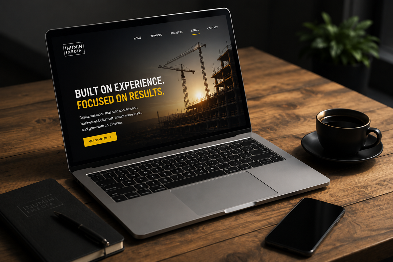 Modern workspace with construction website mockup